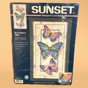 Butterfly Trio Stamped Cross Stitch Kit Sunset New Sealed  8" x 14"  Terri Noll